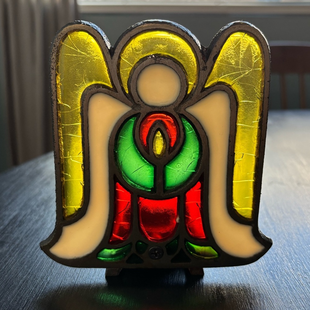 Vintage 👼 stained glass and cast iron angel tea light candle holder